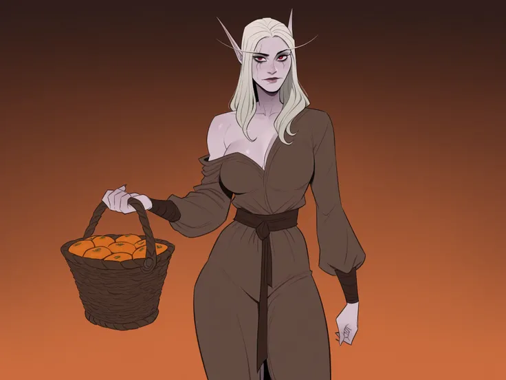 1girl, mature female, elf, pale pink skin, [black eyes], tall lean female, black hair, long hair, brown linen dress, exposed left shoulder, relaxed stance, holding a basket of orange, (solo), cowboy shot, looking at viewer, flat colors, xsylvanasx, white h...
