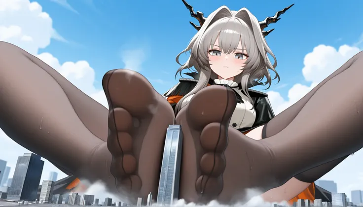 talulah_arknights, short hair, grey hair, hair intakes, grey-colored stockings, black horns, dragon horns, grey eyes, newest, absurdres, 1girl, solo, giantess, skyscraper between feet, long hair, blush, city, very aesthetic, absurdres, sweat, Steam, woman ...