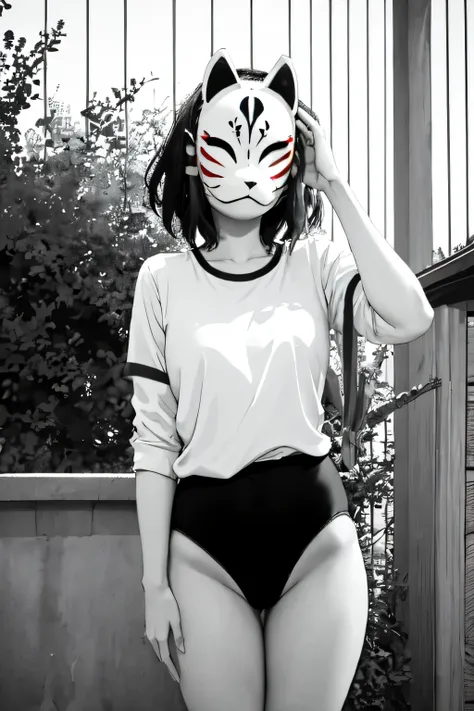 monochrome,anbu,1girl,medium hair,black hair,wearing a black gymnastics bloomers,highleg,self wedgie,white blouse,standing,torii,solo,