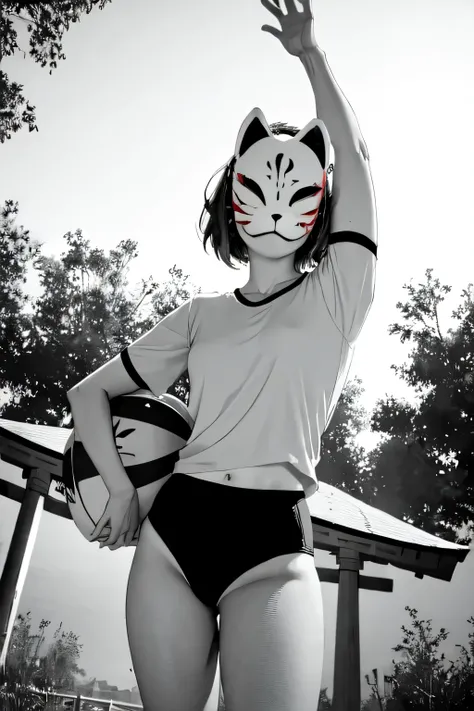 monochrome,anbu,1girl,medium hair,black hair,wearing a black gymnastics bloomers,highleg,self wedgie,white blouse,standing,torii,solo,