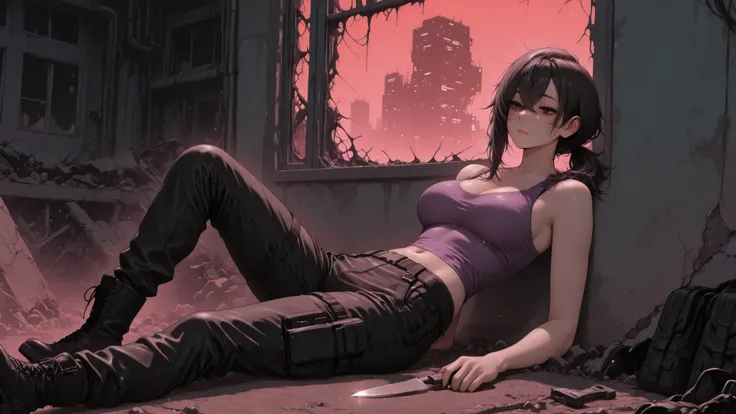 perfecteyes,8K NSFW artwork of a battle-weary adult woman (18+) resting inside a ruined building. She’s purple tank top with boots and tactical pants, gently cleaning her knife. The mood is somber, intimate, and raw,neck hand red kanji tatoos illuminated b...