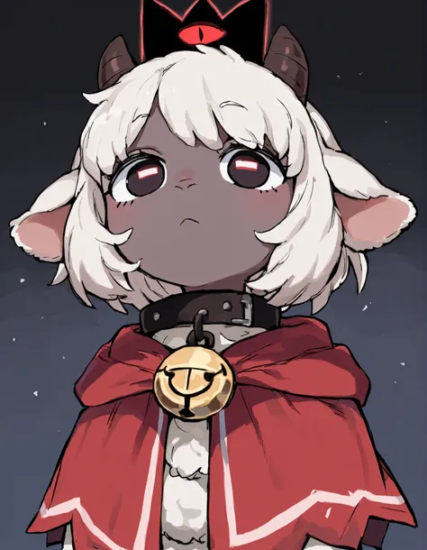 ,, masterpiece, best quality, very aesthetic, 1girl, solo, cult of the lamb, sheep girl, collar, horizontal pupils, red/black eyes, red crown,