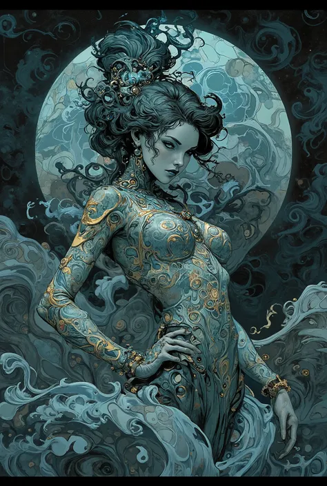 Mythical female figure, (Ethnicity: 1.1), (Detailed Clothing: 1.3), (Accessories: 1.2), (Body Type: 1.2),,,, (1.3), Clothed, Viscous, Blue-gray, (Detailed Texture: 1.3), Reminiscent of liquid or slime that clings to her form (Detailed Skin Texture: 1.3), C...
