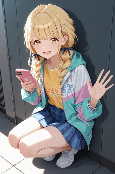 1girl,fujita kotone,gakuen idolmaster,safe,skin fang,yellow eyes,blonde hair,long hair,twin braids,hair ribbon,multicolored jacket,yellow shirt,blue plaid skirt,flat chest,smile,crouching,knees together,waving one hand,holding smartphone,looking at viewer,...