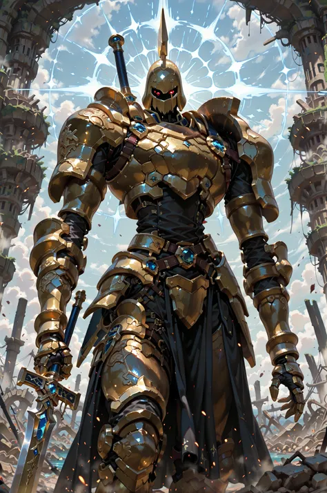 (masterpiece, best quality:1.2), highly detailed, fantasy theme, solo, 1 golem , golden armor, bearer long sword , a tenple ruins on background, fan art,