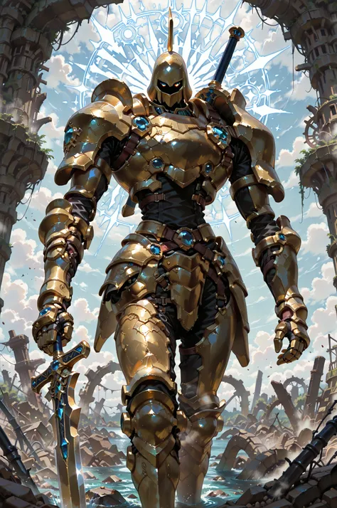 (masterpiece, best quality:1.2), highly detailed, fantasy theme, solo, 1 golem , golden armor, bearer  long sword , a tenple ruins on background, fan art, 