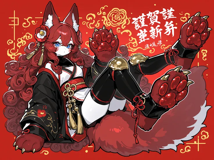 (Canine paws,xxx667_illu, paws pads, metacarpal paws pads,claws, detailed paws, red-brown paws,) The kitsune girl, the red-haired fiery fox. She has peach-white skin, Asian features, and slanted, half-lidded blue eyes with Nazar (the Eye of Fatima). She h...