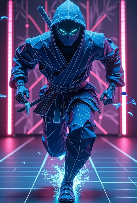 Rookie Ninja crafted entirely from geometric folded paper textures, sharp creases visible on oversized navy gi, glowing neon-blue wireframe outlines tracing edges of body and kunai knife. Tripping mid-run with fragmented origami limbs, floating paper shuri...