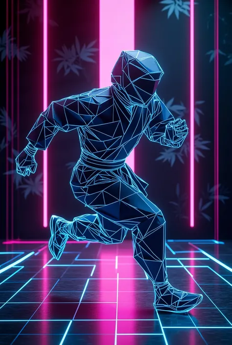 Rookie Ninja crafted entirely from geometric folded paper textures, sharp creases visible on oversized navy gi, glowing neon-blue wireframe outlines tracing edges of body and kunai knife. Tripping mid-run with fragmented origami limbs, floating paper shuri...