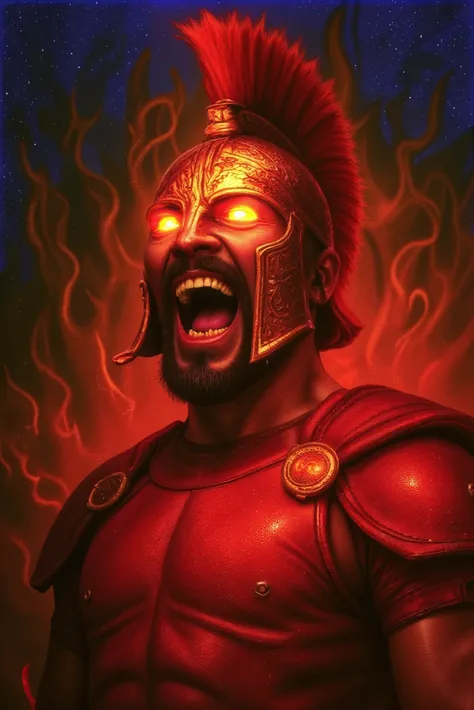 Ares, the Greek god of war, wearing a blood-red leather Spartan armor and a glowing bronze Corinthian helmet with a tall flaming plume. His head is tilted upward as if looking toward the sky, yet his fiery eyes burn with fury as they stare at the viewer. H...