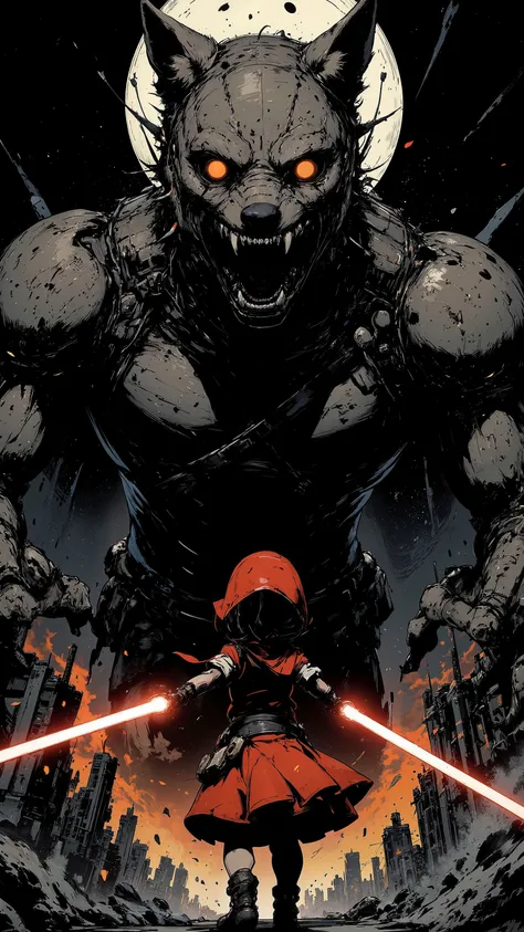 anime image of Big Bad Wolf, mechanical body, thick fur, dark grey color, orange eyes, muscular, crouching stance, sharp claws, sharp fangs, colossal size, he is rampaging in the city, destroyed buildings, flame, smoke, dark sky, moonlight. a little red ri...