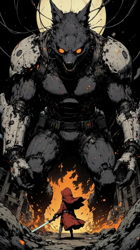anime image of Big Bad Wolf, mechanical body, thick fur, dark grey color, orange eyes, muscular, crouching stance, sharp claws, sharp fangs, colossal size, he is rampaging in the city, destroyed buildings, flame, smoke, dark sky, moonlight. a little red ri...