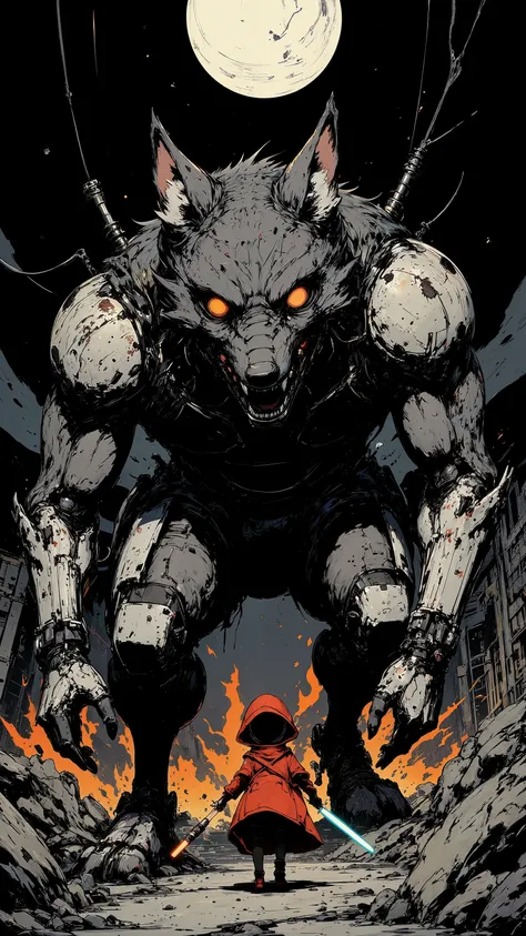 anime image of Big Bad Wolf, mechanical body, thick fur, dark grey color, orange eyes, muscular, crouching stance, sharp claws, sharp fangs, colossal size, he is rampaging in the city, destroyed buildings, flame, smoke, dark sky, moonlight. a little red ri...