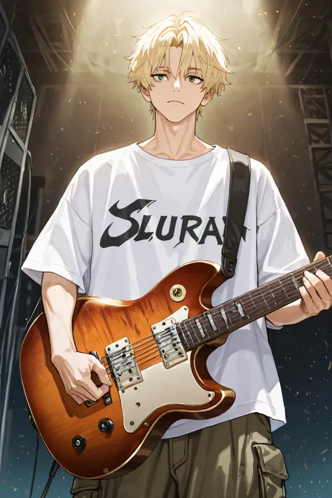 1man, best quality, ultra-detailed, high quality, anime aesthetic, green eyes, short blonde hair, oversized white t shirt, tall, guitar, cargo pants, straight faced, thick neck, very handsome
