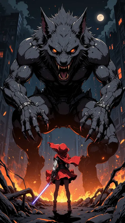 anime image of Big Bad Wolf, mechanical body, thick fur, dark grey color, orange eyes, muscular, crouching stance, sharp claws, sharp fangs, colossal size, he is rampaging in the city, destroyed buildings, flame, smoke, dark sky, moonlight. a little red ri...