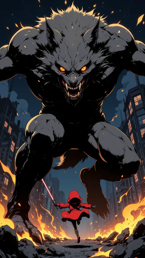 anime image of Big Bad Wolf, mechanical body, thick fur, dark grey color, orange eyes, muscular, crouching stance, sharp claws, sharp fangs, colossal size, he is rampaging in the city, destroyed buildings, flame, smoke, dark sky, moonlight. a little red ri...