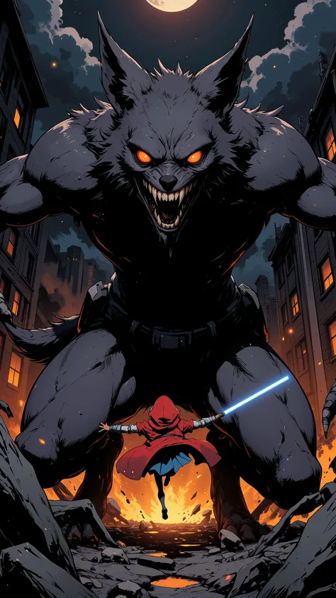 anime image of Big Bad Wolf, mechanical body, thick fur, dark grey color, orange eyes, muscular, crouching stance, sharp claws, sharp fangs, colossal size, he is rampaging in the city, destroyed buildings, flame, smoke, dark sky, moonlight. a little red ri...