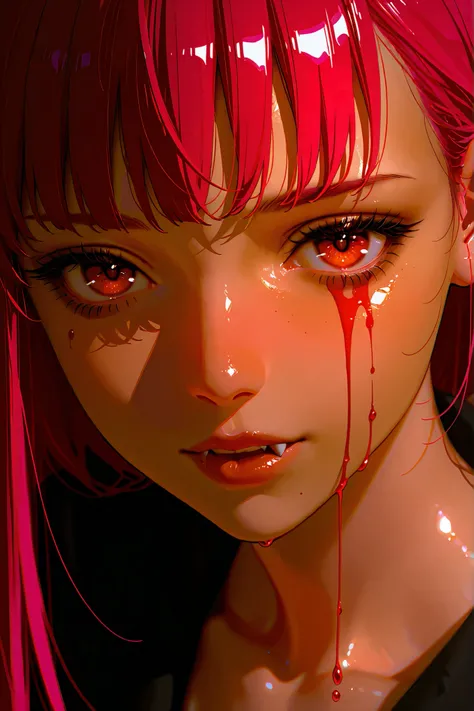 chica, vampire,shiny hair, score_9,  score_8_above,  score_7_above,Close-up, plano detalle de rostro de chica vampire,  VERY CLOSE,  you can see part of her face ,  nostalgic eyes ,  sad look, Lips with a drop of blood spilling, showing its fangs,  hair fa...