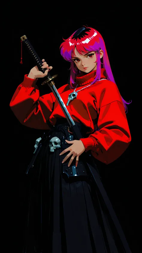 (  armour skirt  , sketch:1.2),  dark monochrome background , Japanese manga,Illustrator,Japanese manga,kull ,sweater, she holds a katana sword, completely black background, Neon hair, Texture Cut out ,Canadian, synth,  masterpiece , style: Classic retro, ...