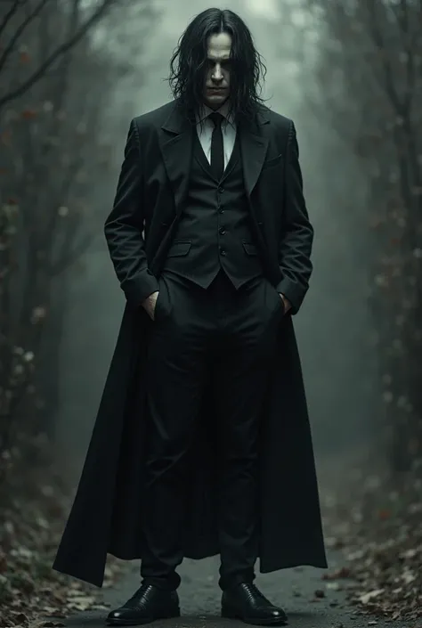 A pale man with a black hat under his bulky hair that hides his eyes, in a black suit and tie and a black jacket