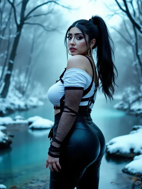 A stunning curvy woman poses outdoors in a misty, cool-lit forest near a crystal-clear stream. She stands with her back slightly turned to the camera, glancing over her shoulder with confidence. Her long black hair is styled in a high ponytail, flowing dow...