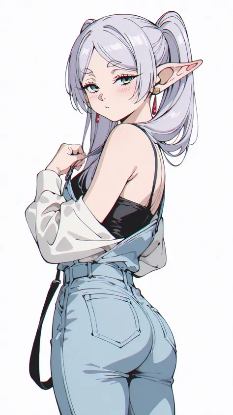 Frieren from Sousou no Frieren, in retro 90s anime style, seen from behind, from mid-thigh up. She is turning her upper body and head slightly toward the viewer, looking over her shoulder with a subtle tsundere-like expression: slightly narrowed eyes, soft...