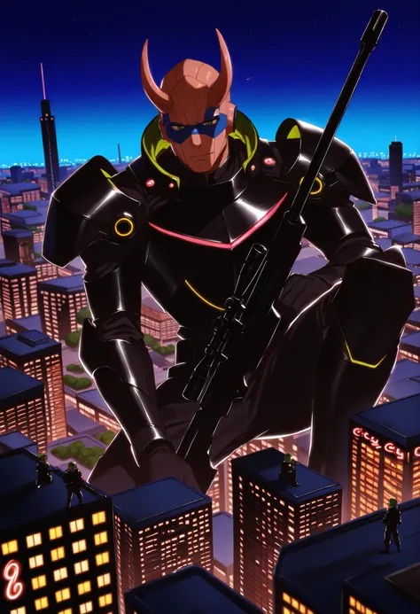 score_9, score_8_up, score_7_up, score_6_up, score_5_up, score_4_up, METurianM, 1boy, horns, alien, green eyes, blue facepaint, black armor, black jumpsuit, sniper rifle, scope, (macro in miniscule city:1.5)