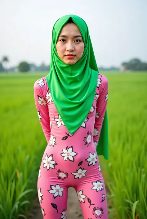 Just Front photo, (thin body) "really sad & gloomy face expression", Wearing flora print hijab, Skinny hijab skinny hijab skinny hijab skinny hijab, (photorealistic:1.6) (Indonesian green Fluorescent hijab), (mini tiny tights Hotpants), background rice pad...