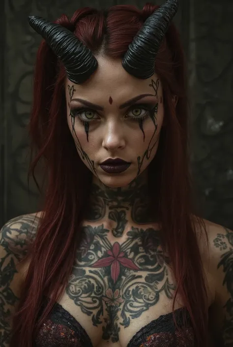 A demonic-looking woman with long dark horns, Dark Red Hair . Her skin is covered with detailed Gothic and tribal tattoos, highlighting a tattoo on the chest. She wears dramatic makeup with dark lines around her eyes and lips in a dark tone, giving it a si...