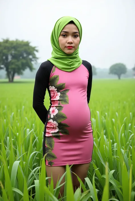 Just Front photo, (thin body) "Facial expression in moody closed mouth", Wearing flora print hijab, Skinny hijab skinny hijab skinny hijab skinny hijab, (photorealistic:1.6) (Indonesian green Fluorescent hijab), (mini tiny tights thong), background rice pa...