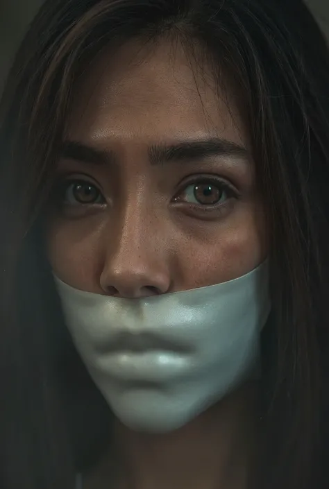 Close-up portrait of a girl wearing a microfoam_gag, tape gag, intense gaze with expressive eyes, soft lighting highlighting her facial features, cinematic shallow depth of field