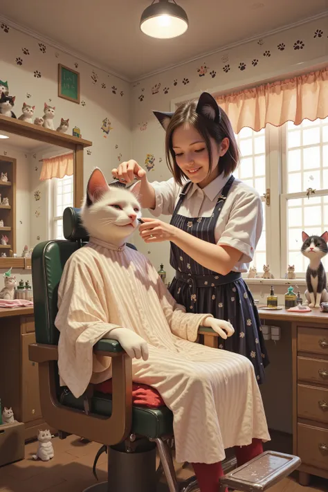 Cat Ears Barber Shop、Cutting your hair、Scissors、Cat Ears Clerk Cuts Cat Ears Customer's Hair、(masterpiece, perfect quality, very detailed, absolute resolution)