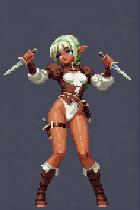 1girl, elf, dark skin, solo, breasts, (long green hair:1.1), blue eyes, brown adventurer outfit thighighs, leotard,dagger , white background, full body, pixel art, young small short girl:1.3