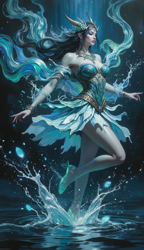 An ultra-detailed, 8K professional digital painting of a breathtakingly beautiful sea goddess, a masterpiece of fantasy character art. She has long, cascading hair of liquid cyan and bioluminescent blue, flowing like cosmic nebulae around her delicate, elv...