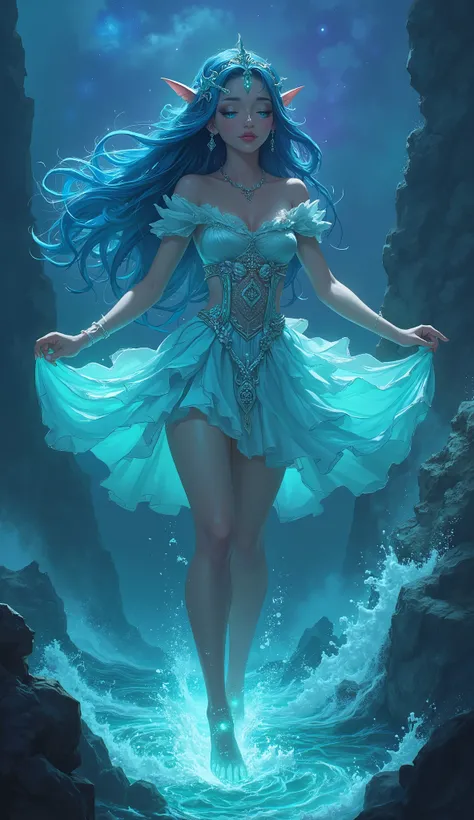 An ultra-detailed, 8K professional digital painting of a breathtakingly beautiful sea goddess, a masterpiece of fantasy character art. She has long, cascading hair of liquid cyan and bioluminescent blue, flowing like cosmic nebulae around her delicate, elv...