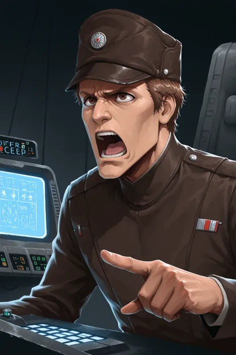 Masterpiece, 1male, mid 30s, Star Wars, long face, narrow eyes, short oily hair, brown eyes, sloped nose, Imperial Officer uniform and hat, yelling, pointing into the distance, Officer at a computer terminal, upper body shot, Bleach art style,