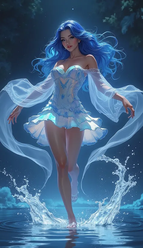 (Masterpiece, best quality, 8k, ultra-detailed, cinematic photo), professional fantasy character art, style by Artgerm, WLOP, and Greg Rutkowski. A breathtakingly beautiful and ethereal water goddess, captured in a dynamic and graceful mid-pirouette on the...