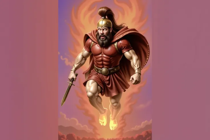Ares, the Greek god of war, descends from the sky engulfed in towering flames. He has a muscular build, fierce glowing eyes, and wears a scarlet red leather armor with intricate stitching and rivets. His Corinthian bronze helmet has a large red horsehair c...