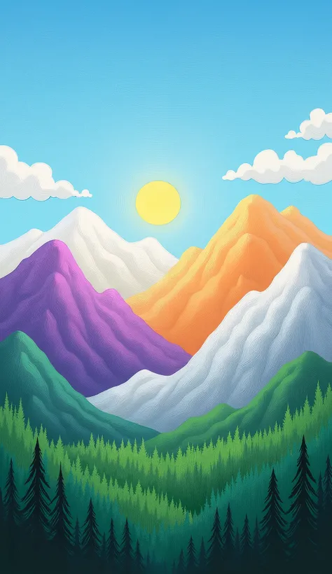 Oil on canvas, Panoramic view of colorful mountains, vibrant landscape.  Mountain ranges, various shades of vibrant colors, including purple, white, green, and orange, arranged in a horizontal row.  bSun is positioned centrally in a bright yellow, radiatin...