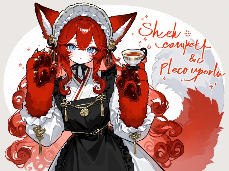 (Feline paws,xxx667_illu, paws pads, metacarpal paws pads,claws, detailed paws, red-brown paws,) The kitsune girl, the red-haired fiery fox. She has peach-white skin, Asian features, and slanted, half-lidded blue eyes with Nazar (the Eye of Fatima). She h...