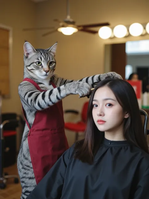 A hair salon scene with an anthropomorphic cat standing upright on its hind legs, wearing a barber's apron while using scissors held in its front paws to cut the hair of a female human customer seated in a red leather barber chair. The cat has gray fur and...