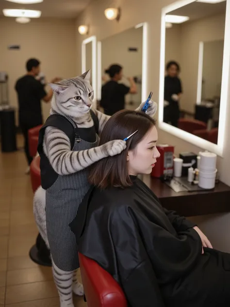 A hair salon scene with an anthropomorphic cat standing upright on its hind legs, wearing a barber's apron while using scissors held in its front paws to cut the hair of a female human customer seated in a red leather barber chair. The cat has gray fur and...