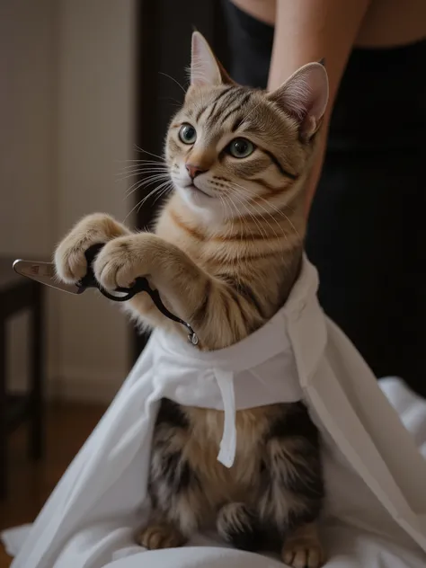 Barbershop cat,cat is standing upright and holding scissors with its front legs to cut human hair,High Quality,Realistic,4K resolution for hard hair,Professional workmanship,Lots of Details,super realistic,HDR,UHD,Studio Lighting,photorealistic,High Key Li...