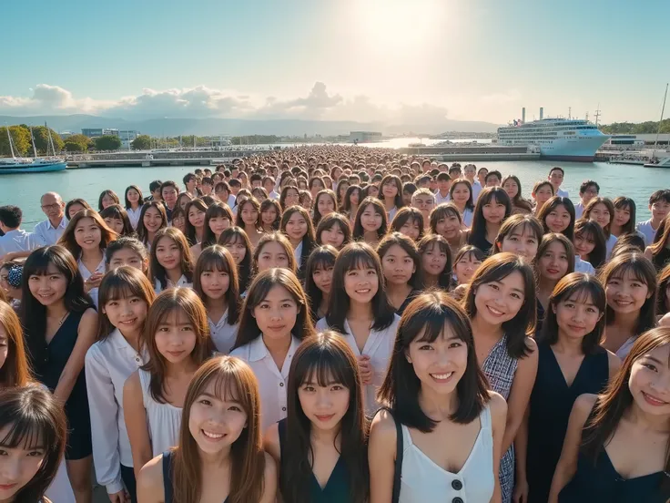 8k, highest quality, (photographic:1.5), (realistic, photo realistic:1.37), 
 group photo, from front, An upward-looking composition of many women, 1,000,000,000,000,000,000,000,000,000 people’s, panorama ,Dramatic Sky Background, from above