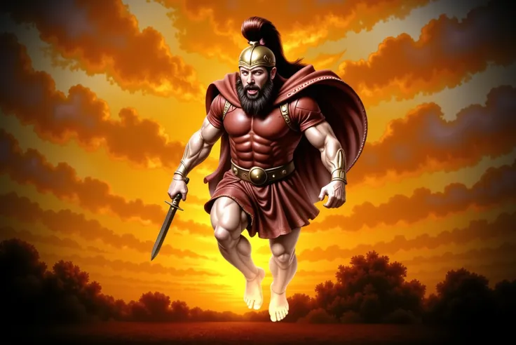 Ares, the Greek god of war, descends from the heavens engulfed in swirling flames and divine fury. His body is muscular and glows with the polished sheen of gold, each muscle sculpted with anatomical precision. He wears a bronze Corinthian helmet with a da...