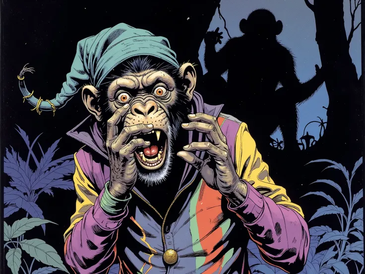 a crazy monkey with its mouth open and two hands on its face and next to it a shadow in the shape of a monkey, The image invokes a feeling of madness