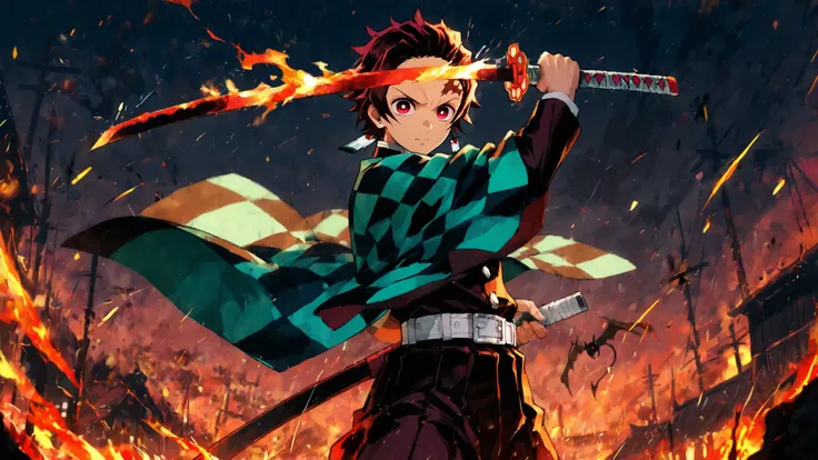 Masterpiece, high quality, absurdres. Extreme low-angle shot of Kamado Tanjirou mid-leap, his flaming katana raised high above his head. Short brown hair whips in the wind, red eyes blazing with intensity, scar on forehead prominent. His black demon slaye...