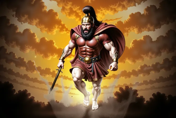Ares, the Greek god of war, descends from the heavens engulfed in swirling flames and divine fury. His body is muscular and glows with the polished sheen of gold, each muscle sculpted with anatomical precision. He wears a bronze Corinthian helmet with a da...