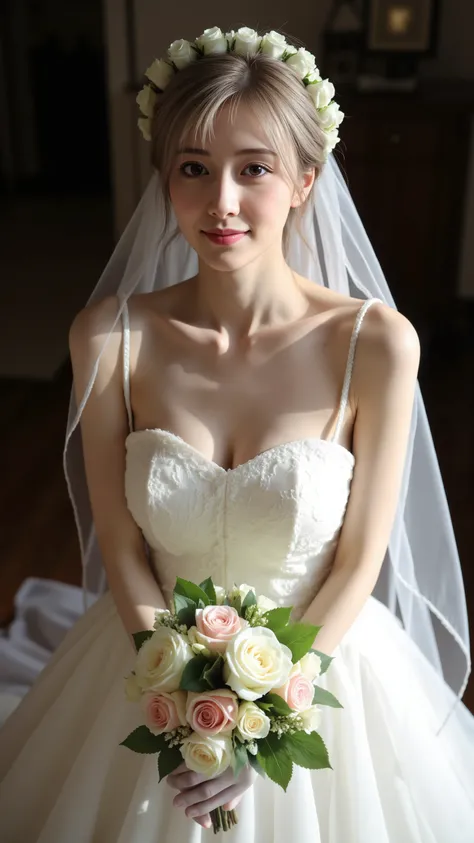 1 young russian girl,(seductive smile ),(Exposed breasts:1.4),((sagging breasts:1)) ,((huge breasts:2.5)), (((skinny:1))), 19yearolds,((dark grey hair mixed with blonde and  white  embre,Hairstyle: Long, straight,smooth, natural curls, shoulders down to th...