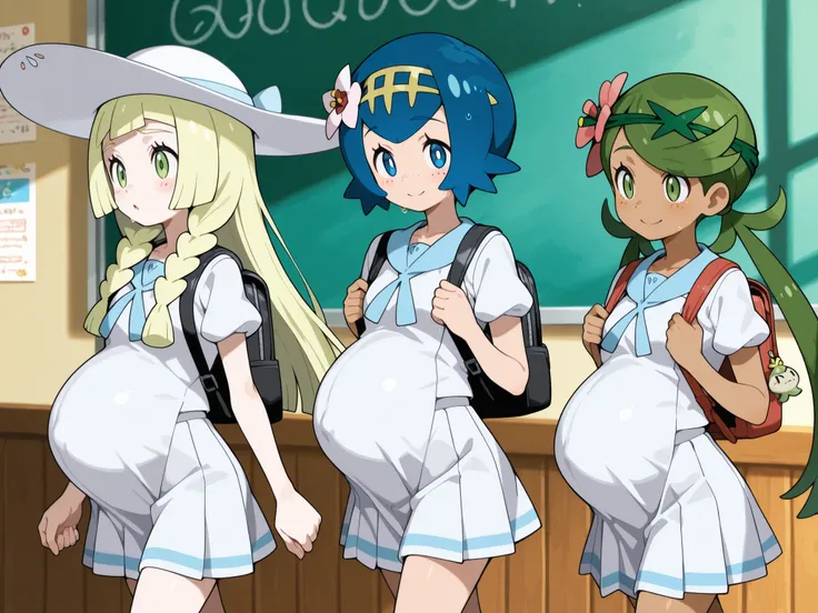 masterpiece, Highest Quality, great quality、(((3 girls)))、3 girls(Water Lily:Lillie:Mao) 、(Water Lily: lana, blue eyes, blue hair, freckles, hairband, short hair, white pupils, yellow hairband, bright pupils,)、(Lillie:long hair、 Gold、sun hat、white hat、Twin...